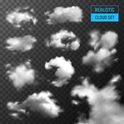 Clouds various types and shapes realistic set with stratus cumulus against dark transparent background monochrome vector illustration