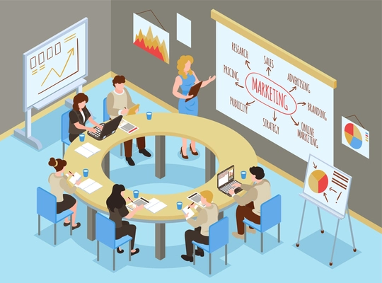 Isometric business training hall composition with indoor office scenery and group of people learning marketing skills vector illustration