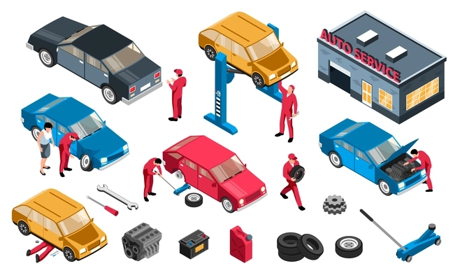 Isometric auto repair set with isolated icons of car parts tools and workers on blank background vector illustration