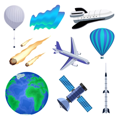 Planet earth atmosphere luminous northern light aurora phenomenon meteoroids hot air balloon airplane spacecraft colorful set vector illustration