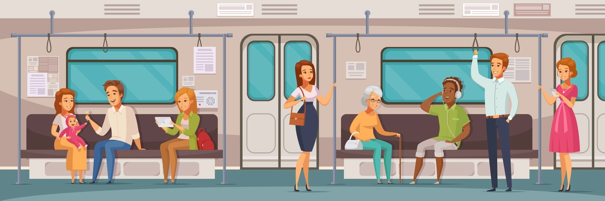 Subway underground people cartoon horizontal composition with view of passenger compartment with interior of train car vector illustration