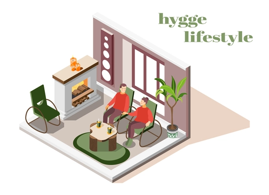 Hygge lifestyle living room interior with fireplace plant candles comfortable with each other couple isometric vector illustration