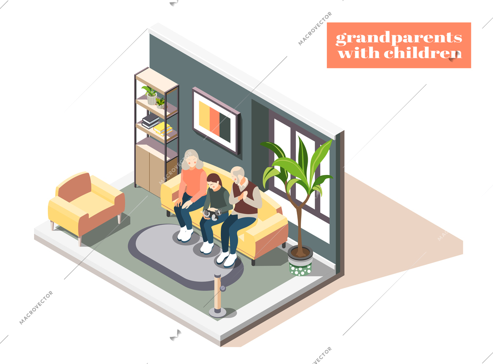 Grandparents with children isometric vector illustration with grandmother grandfather and their granddaughter in home interior