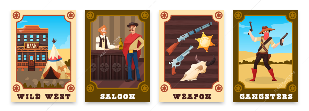 Set of four vertical wild west cowboy posters with vintage type text and doodle style images vector illustration