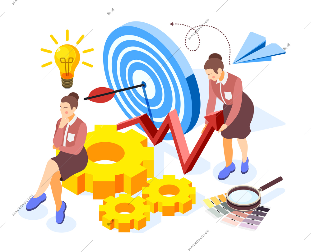 Brand building isometric composition with magnifier light bulb search creative ideas target collaboration teamwork symbols vector illustration