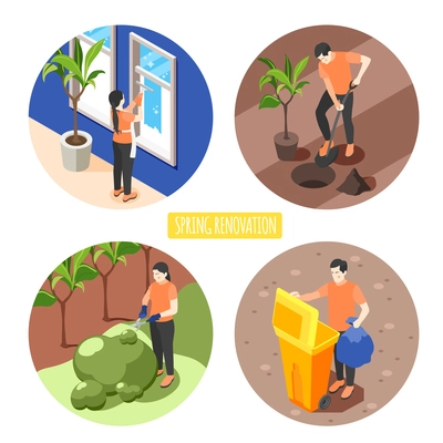 Spring renovation  2x2 design concept set of men and women washing window planting tree  trimming bush taking out trash isometric vector illustration