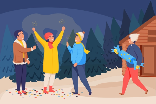 Happy celebration people composition with outdoor landscape and group of friends flat characters burning firework sparklers vector illustration