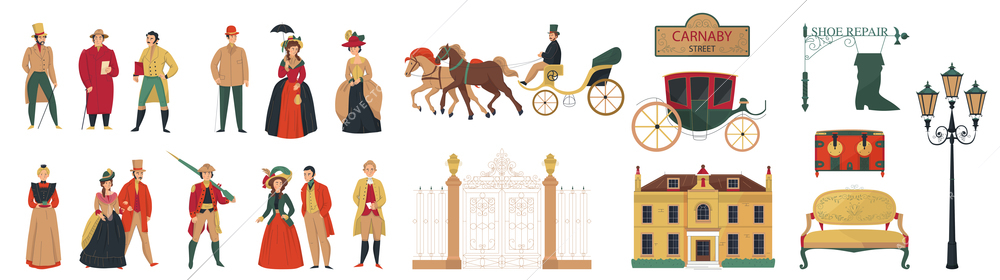 18th 19th century old town fashion set with isolated icons of furniture buildings and human characters vector illustration