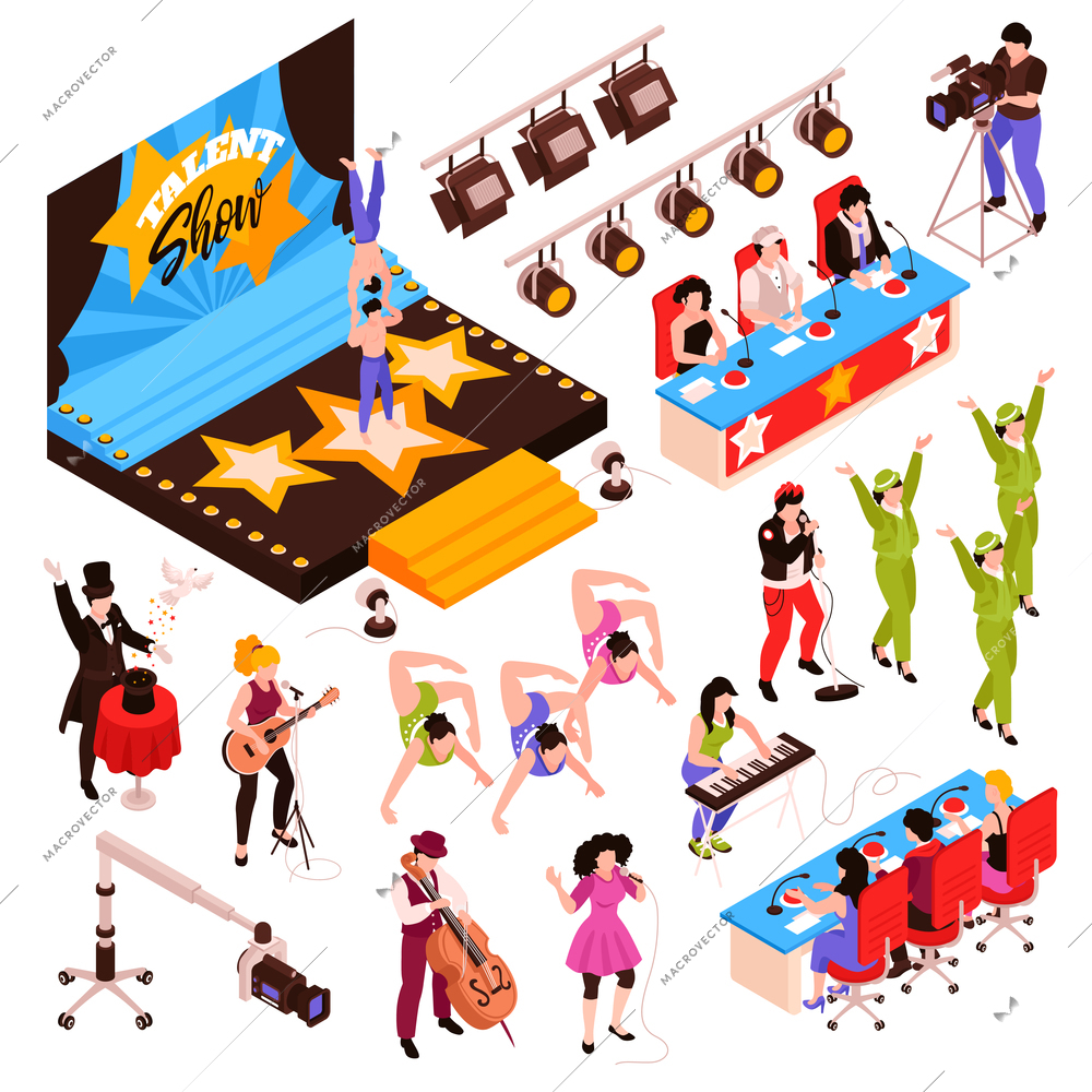 Isometric talent show tv program set with isolated icons human characters of participants judges and stage vector illustration