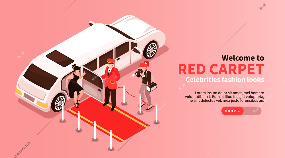 Isometric celebrities horizontal banner with slider button editable text and images of limousine car with people vector illustration
