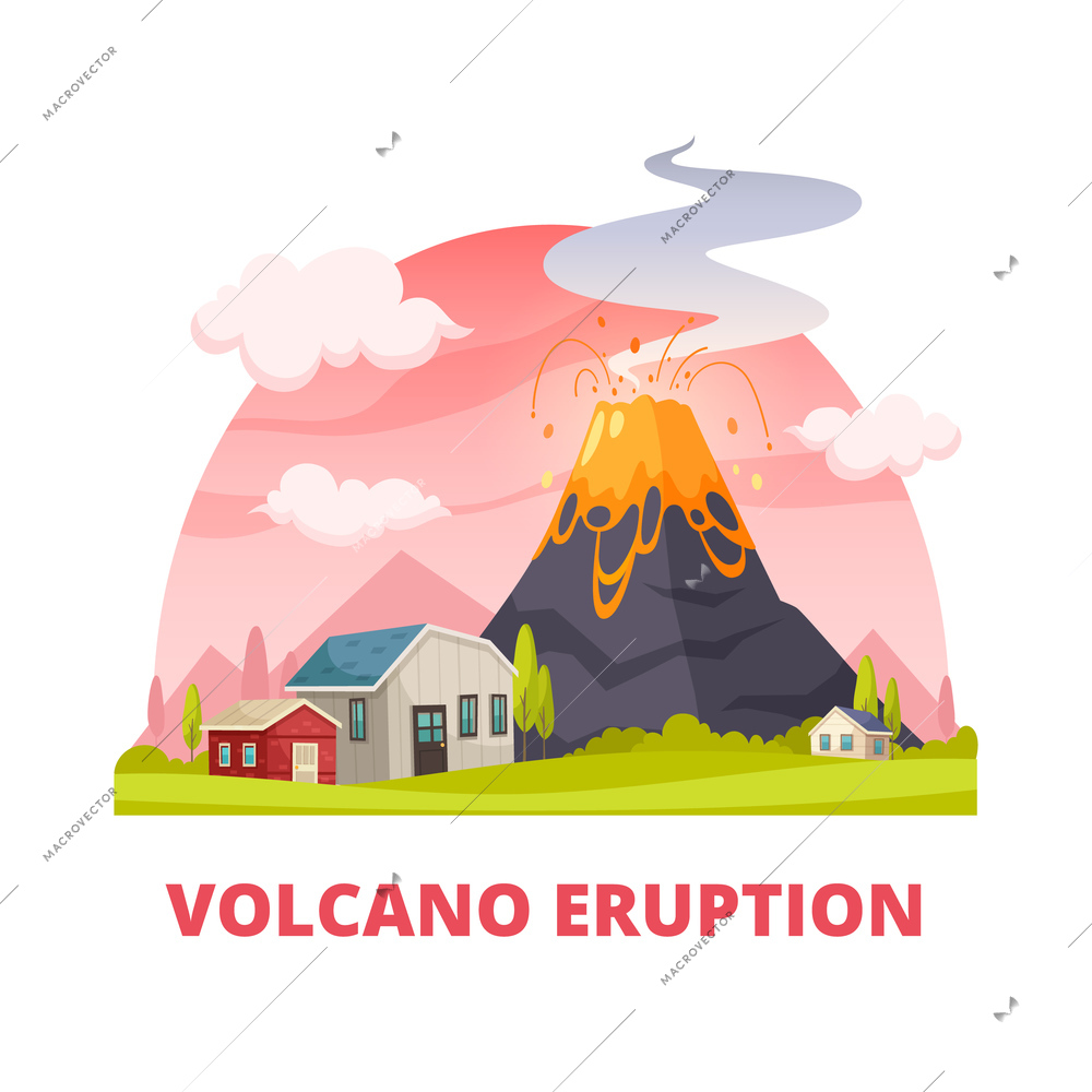 Natural disaster cartoon composition with round view of exploding volcano with smoke lava and living houses vector illustration