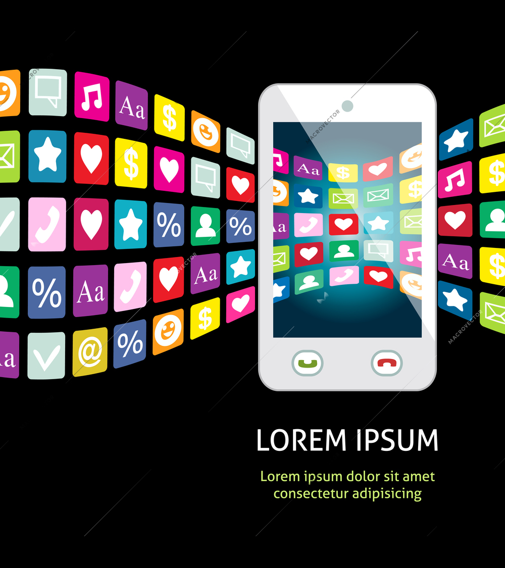 Smartphone with mobile apps and services vector illustration background