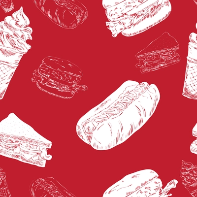 Red seamless background with hot-dog hamburger fast food sketch icons vector illustration