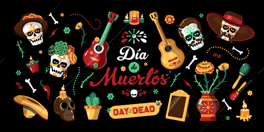 Day of dead mexican horizontal poster with national mexican signs and title in spanish dia de muertos vector illustration