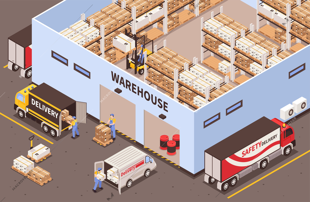 Modern industrial warehouse interior with storage racks facilities exterior with logistic delivery services isometric view vector illustration