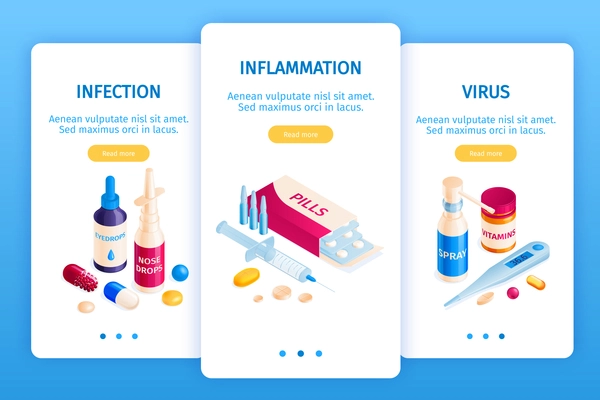 Isometric medicine pharmacy set of three vertical banners with text page switch buttons and product images vector illustration
