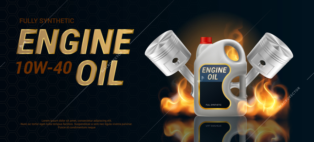 Engine oil advertising ads template with two piston and plastic canister on dark background realistic vector illustration