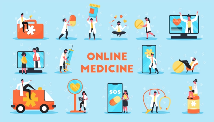 Telemedicine online medicine set of isolated icons with characters of doctors with medication drugs and text vector illustration