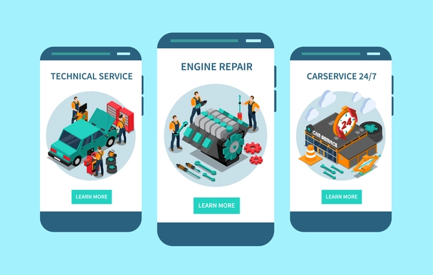 Car technical service app 3 mobile screen isometric designs with engine repair 24 hours access vector illustration