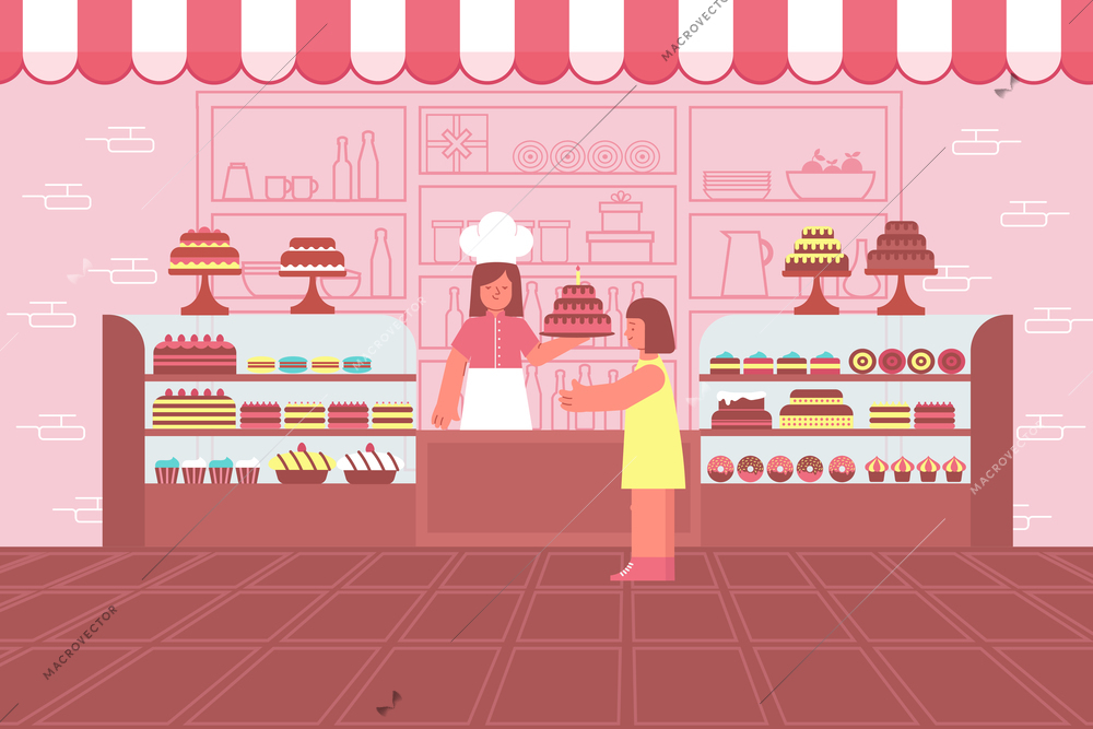 Sweet shop composition with view of confectioners store with shop display and flat doodle human characters vector illustration