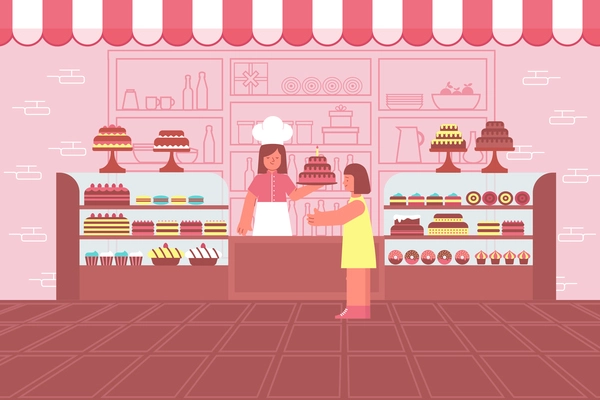 Sweet shop composition with view of confectioners store with shop display and flat doodle human characters vector illustration