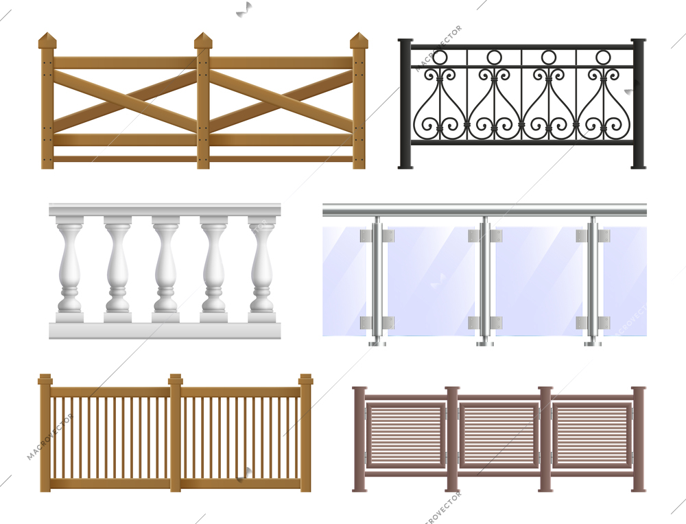 Balcony fence realistic set in classical modern and decorative forged styles isolated vector illustration