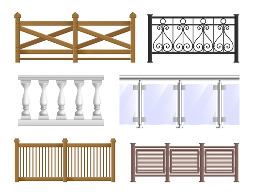 Balcony fence realistic set in classical modern and decorative forged styles isolated vector illustration