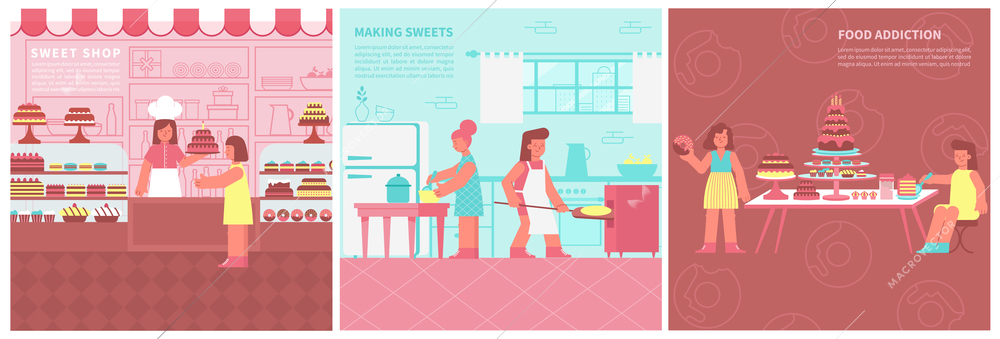 Set of three square sweet compositions with editable text and people cooking and eating confectionery products vector illustration
