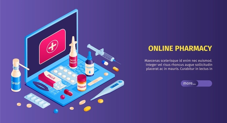 Isometric medicine pharmacy horizontal banner with composition of laptop computer and various types of medication drugs vector illustration