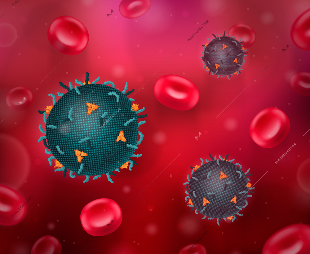 Viruses realistic composition with colourful images of virus bacteria and blood cells floating in red liquid vector illustration