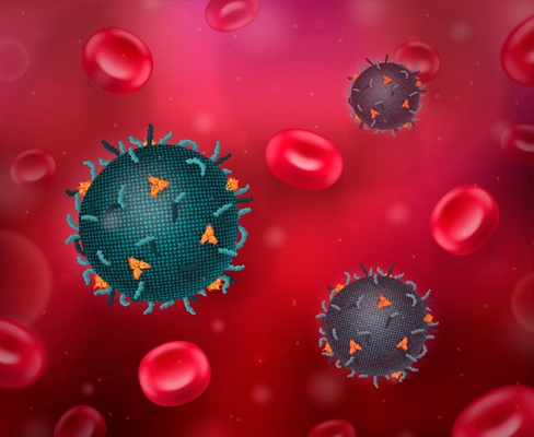 Viruses realistic composition with colourful images of virus bacteria and blood cells floating in red liquid vector illustration