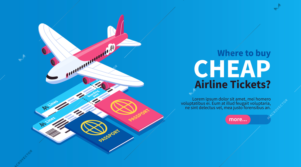 Cheap flights airline tickets book trip online horizontal isometric web banner with airplane passport blue background vector illustration