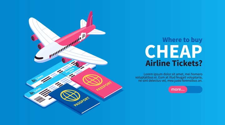 Cheap flights airline tickets book trip online horizontal isometric web banner with airplane passport blue background vector illustration