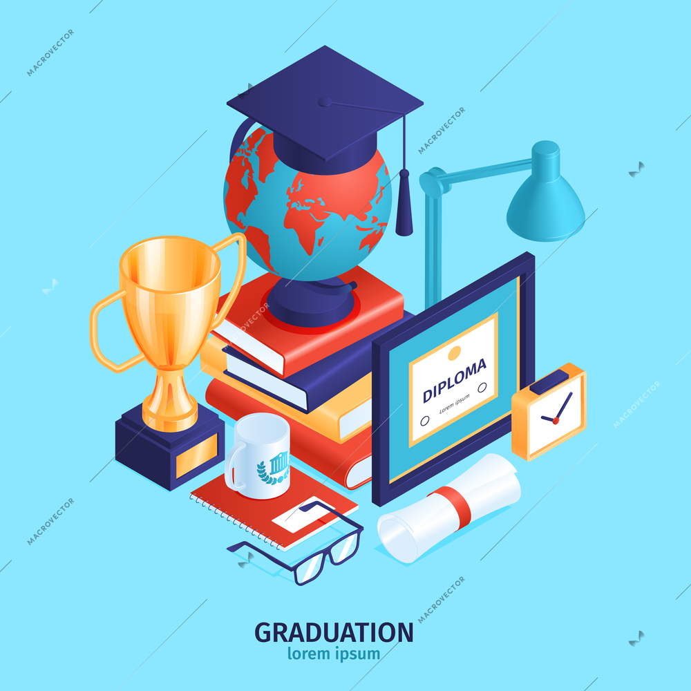 Isometric graduation diploma background composition with editable text and pile of various students belongings and objects vector illustration