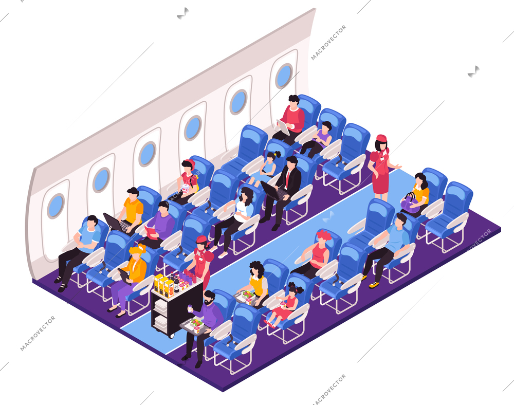 Aircraft salon interior isometric composition with cabin crew attendants stewardess serving passengers meal during flight vector illustration