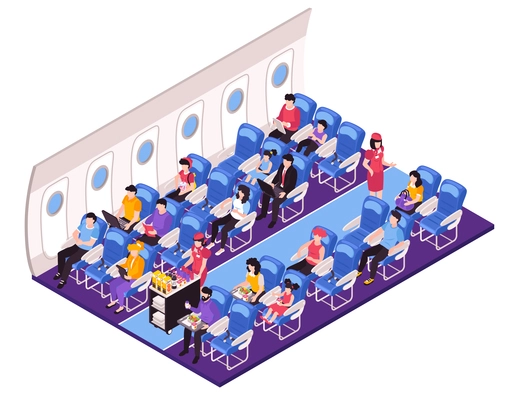 Aircraft salon interior isometric composition with cabin crew attendants stewardess serving passengers meal during flight vector illustration