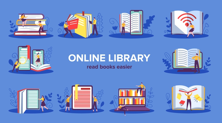 Online library color set with editable text and isolated compositions of people books and electronic devices vector illustration