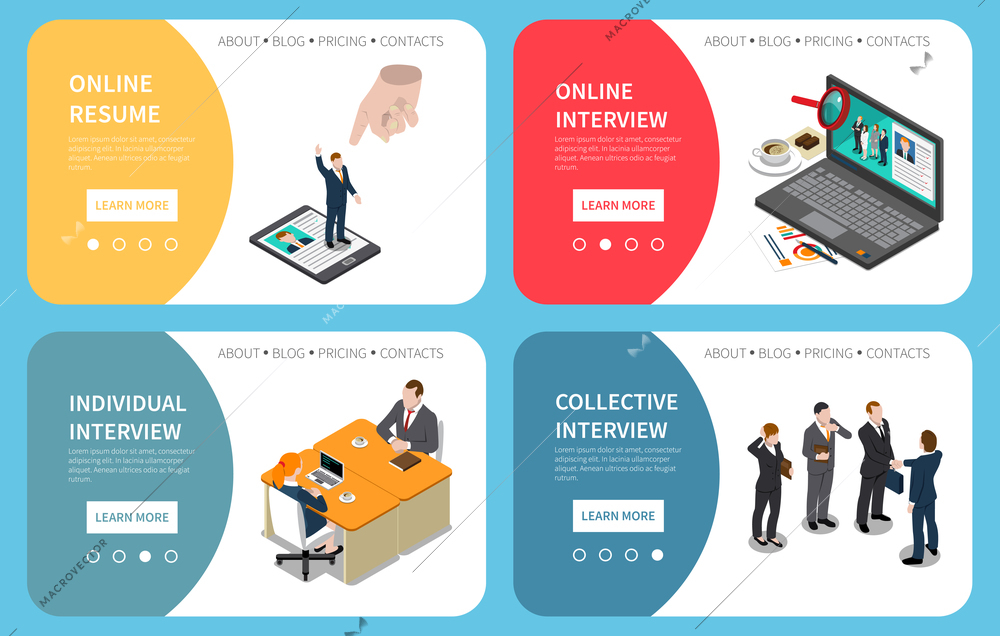 Recruitment hiring hr management 4 isometric banners website design with online resume interview tips isolated vector illustration