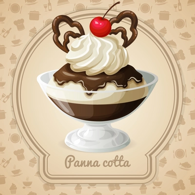 Panna cotta dessert with chocolate syrup and cherry emblem and food cooking icons on background vector illustration