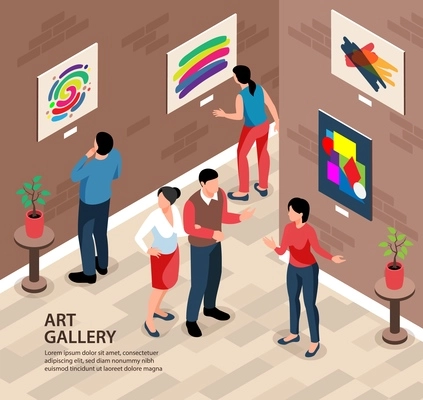 Isometric exhibition gallery background square composition with editable text and indoor scenery with people and paintings vector illustration