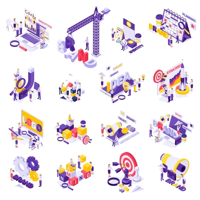 Branding concept isometric icons set with target darts chess strategy collaboration cogwheels magnifier search symbols vector illustration