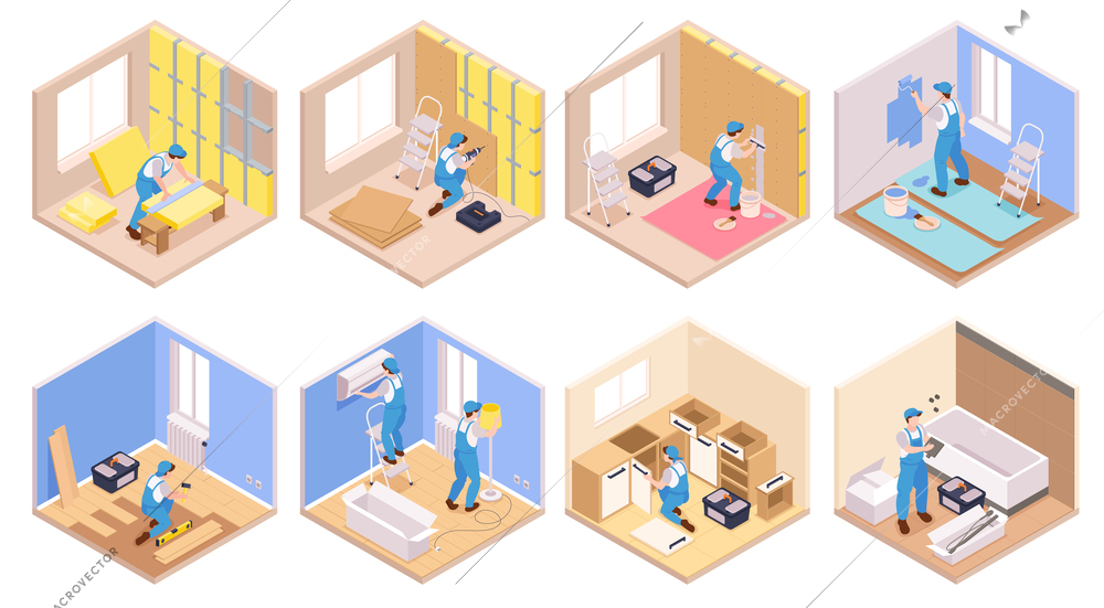 Isometric repairs set of isolated compositions with indoor apartment views representing different stages of decoration works vector illustration