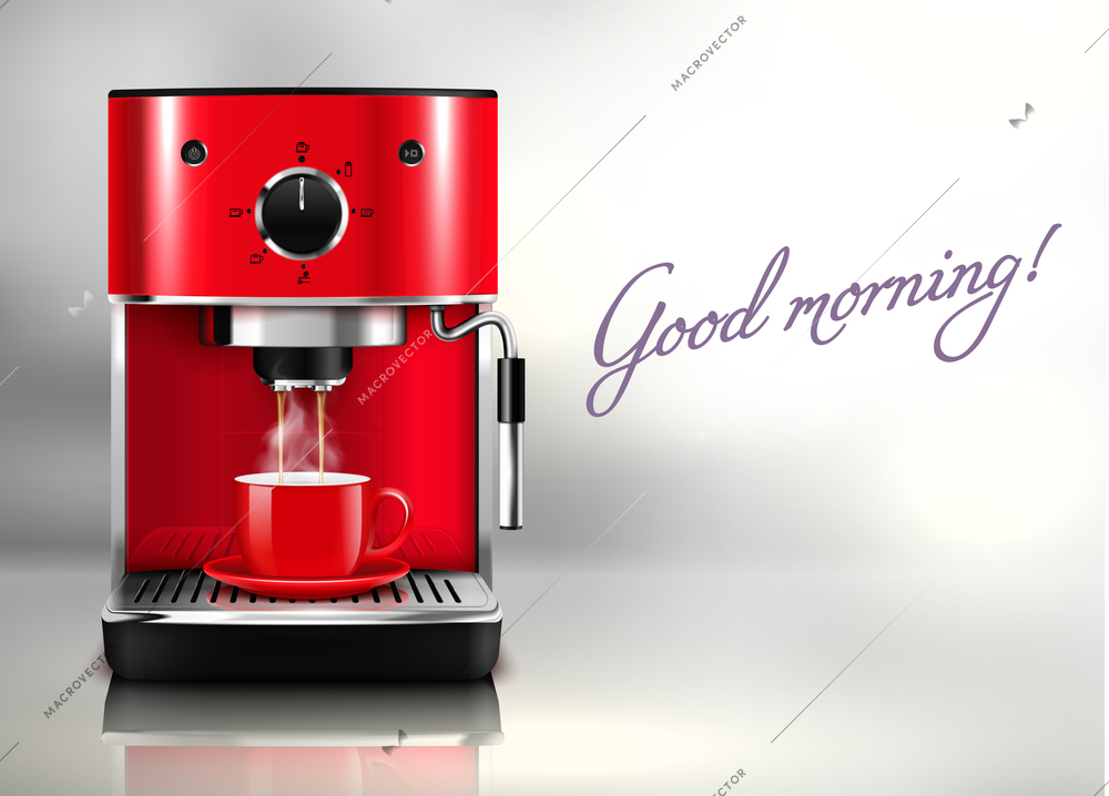 Good morning realistic background with red coffee machine and cup of hot drink vector illustration