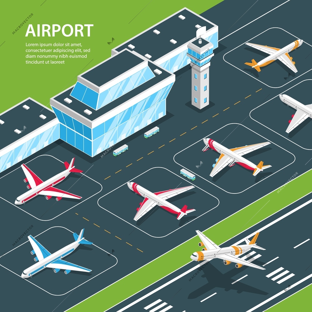 Isometric airport background with editable text images of airport terminal building and aircrafts on flight strip vector illustration