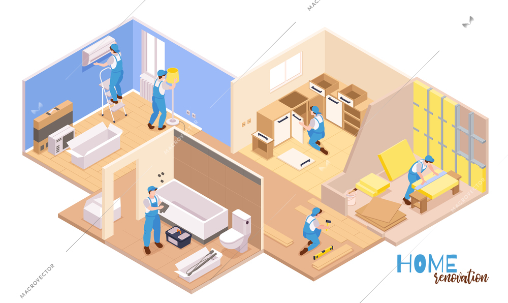 Isometric repairs composition with text and set of apartment rooms and workers performing various decoration works vector illustration