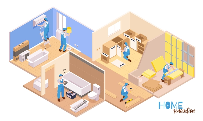 Isometric repairs composition with text and set of apartment rooms and workers performing various decoration works vector illustration