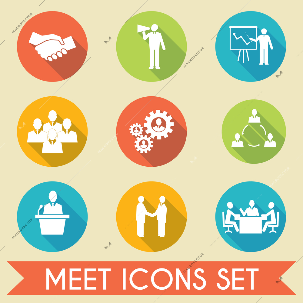 Business people meeting and collaborating strategic concepts pictograms icons set flat isolated vector illustration