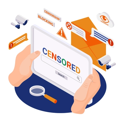 Internet censorship content blocking isometric composition with camera watching eye symbols surrounding hands holding tablet vector illustration