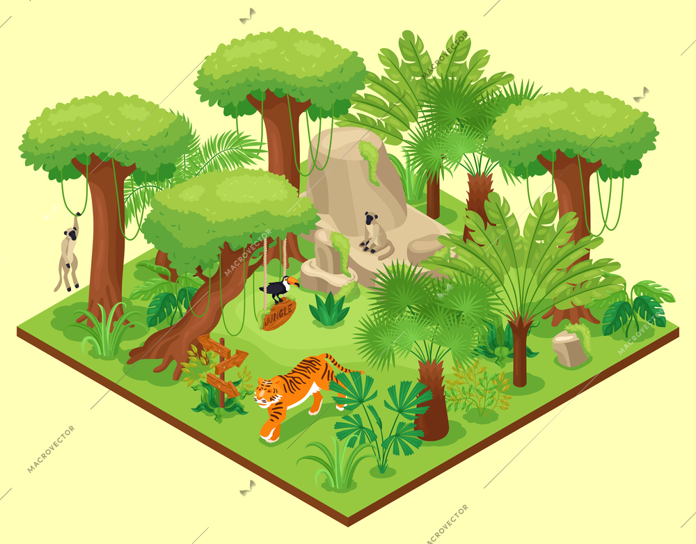 Isometric jungle composition with square platform with wild nature landscape tropical trees plants and exotic animals vector illustration