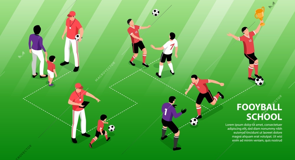 Isometric football soccer infographics with editable text and characters of young players with coaches and trophy vector illustration